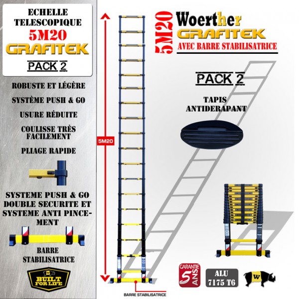 Lot Echelle télescopique Grafitek - avec barre stabilisatrice - 3.80 m  +Housse pour échelle + Sac porte outils amovible - Homme Prive