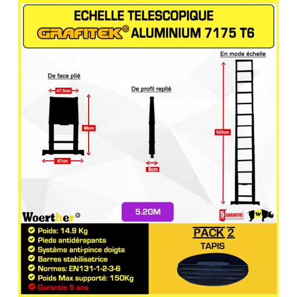 Echelle télescopique Woerther Grafitek 2m avec barre stabilisatrice - Plus  roulettes - Garantie 5 ans