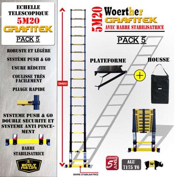 échelle télescopique 4M40, en aluminium, avec sa housse de transport et  plateforme multifonction, disponible en gamme grafitek.