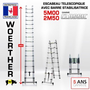 ECHELLE ESCABEAU TELESCOPIQUE DOUBLE FONCTIONS WOERTHER, CLASSIC 5M/2M50 - PACK BASIQUE 