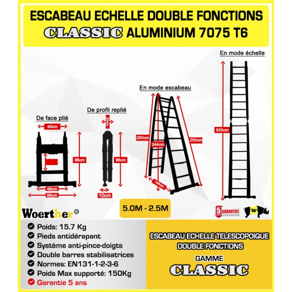 Escabeau télescopique Hauteur de 5M/2M5 avec patins, en graphite