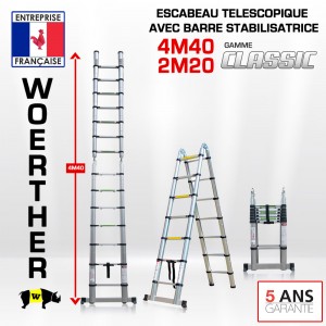 ECHELLE ESCABEAU TELESCOPIQUE DOUBLE FONCTIONS WOERTHER, CLASSIC 4M40/2M20 - PACK BASIQUE 