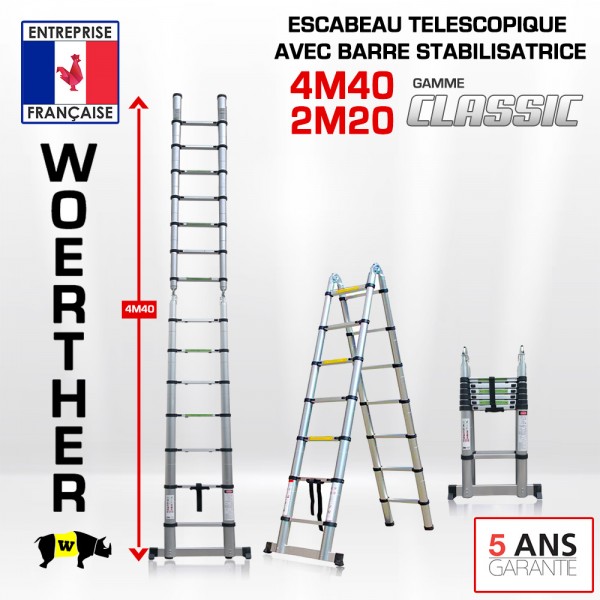 escabeau télescopique 4M40/2M20 woerther, en aluminium anodisé, existe en  gamme grafitek.