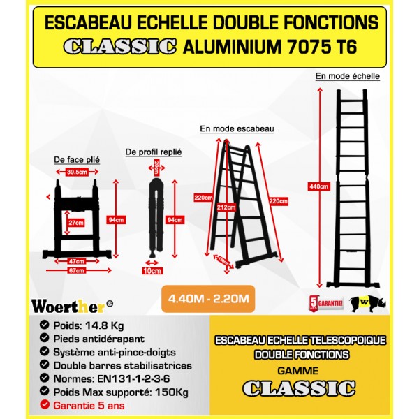 Echelle escabeau télescopique 4m40 - Gamme Grafitek - Woerther®