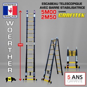 Echelle-escabeau télescopique Grafitek - avec double barres stabilisat