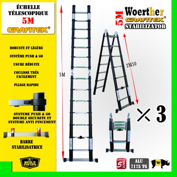 Echelle-escabeau télescopique 5m/2m50 Woerther avec double barres