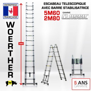 ECHELLE ESCABEAU TELESCOPIQUE DOUBLE FONCTIONS WOERTHER, CLASSIC 5M60/2M80 - PACK BASIQUE