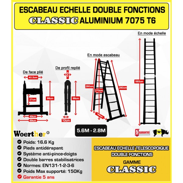 ESCABEAU-/ÉCHELLE T/ÉLESCOPIQUE WOERTHER Triple Fonctions en Graphite ET Aluminium 7175T6 avec Doubles Barres STABILISATRICES//Garantie 5 Ans 5M60-2M80 //avec Housse//MOD/ÈLE GRAFITEK