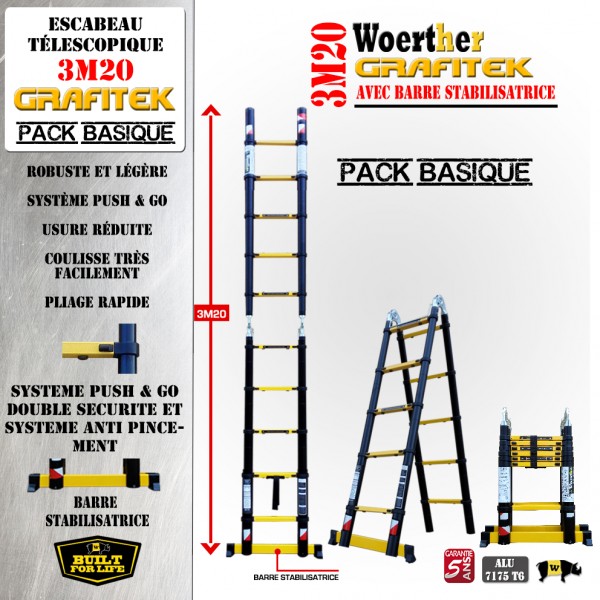 Echelle-escabeau télescopique Grafitek - avec double barres stabilisat