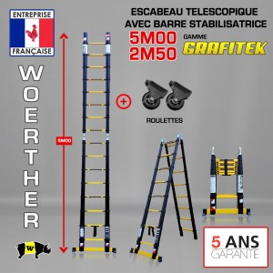 ECHELLE ESCABEAU TELESCOPIQUE DOUBLE FONCTIONS WOERTHER, GRAFITEK 5M/2.5M - AVEC ROULETTES