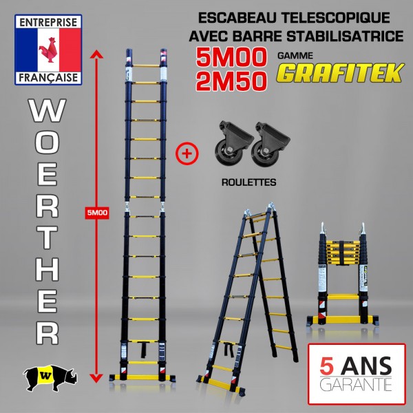 escabeau télescopique 5M/2M50 woerther, avec sa plateforme + housse, en  graphite, la plus solide et rigide du marché