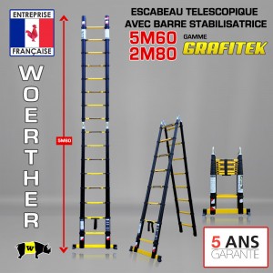 ECHELLE ESCABEAU TELESCOPIQUE DOUBLE FONCTIONS WOERTHER, GRAFITEK 5.60M/2.8M - PACK BASIQUE