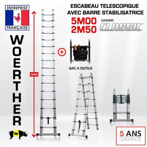 ECHELLE ESCABEAU TELESCOPIQUE DOUBLE FONCTIONS WOERTHER, CLASSIC 5M/2M50 – PACK 2 AVEC SAC A OUTILS 