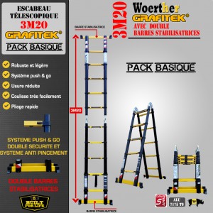 ECHELLE ESCABEAU TELESCOPIQUE DOUBLE FONCTIONS WOERTHER DOUBLE BARRES STABILISATRICES, GRAFITEK 3M20/1.6M - PACK BASIQUE