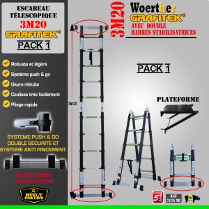 ECHELLE ESCABEAU TELESCOPIQUE TRIPLE FONCTIONS DOUBLE BARRES STABILISATRICES, GRAFITEK 3M20/1.6M - PACK 1 (AVEC PLATEFORME)