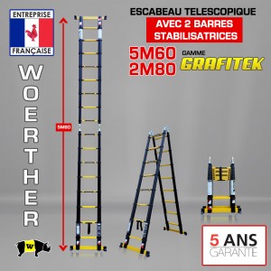 ECHELLE ESCABEAU TELESCOPIQUE DOUBLE FONCTIONS WOERTHER DOUBLE BARRES STABILISATRICES, GRAFITEK 5.60M/2.8M - PACK BASIQUE