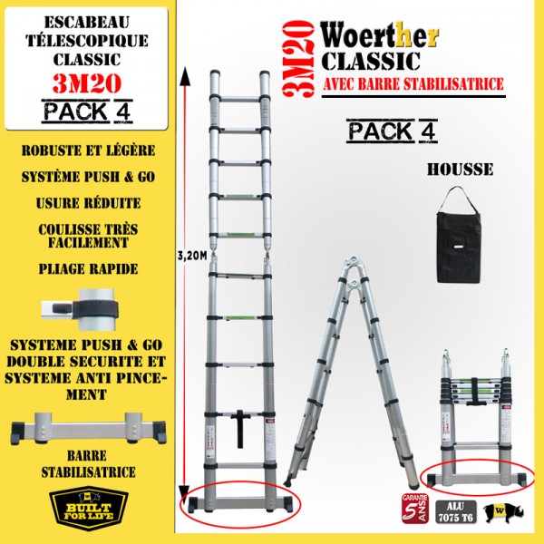 echelle telescopique et escabeau telescopique, woerther pack 2 avec housse