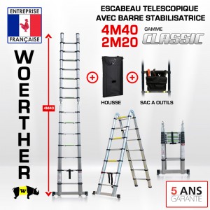 ECHELLE ESCABEAU TELESCOPIQUE DOUBLE FONCTIONS WOERTHER, CLASSIC 4M40/2M20 – AVEC HOUSSE ET SAC A OUTILS