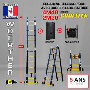 ECHELLE ESCABEAU TELESCOPIQUE DOUBLE FONCTIONS WOERTHER, GRAFITEK 4.40M/2.20M - AVEC HOUSSE ET SAC A OUTILS