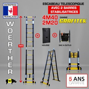 ECHELLE ESCABEAU TELESCOPIQUE DOUBLE FONCTIONS DOUBLE BARRES STABILISATRICES, GRAFITEK 4.40M/2.20M - AVEC HOUSSE ET SAC A OUTILS