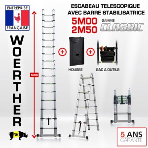 ECHELLE ESCABEAU TELESCOPIQUE DOUBLE FONCTIONS WOERTHER, CLASSIC 5M/2M50 – AVEC HOUSSE ET SAC A OUTILS