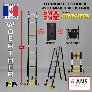 ECHELLE ESCABEAU TELESCOPIQUE DOUBLE FONCTIONS WOERTHER, GRAFITEK 5M/2.5M - AVEC HOUSS ET SAC A OUTILS