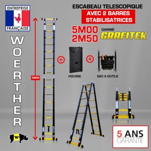 ECHELLE ESCABEAU TELESCOPIQUE DOUBLE FONCTIONS DOUBLE BARRE STABILISATRICES, GRAFITEK 5M/2.5M - AVEC HOUSSE ET SAC A OUTILS