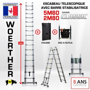 ECHELLE ESCABEAU TELESCOPIQUE DOUBLE FONCTIONS WOERTHER, CLASSIC 5M60/2M80 - AVEC HOUSSE ET SAC A OUTILS