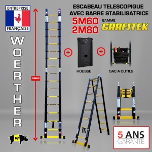 ECHELLE ESCABEAU TELESCOPIQUE DOUBLE FONCTIONS WOERTHER, GRAFITEK 5.60M/2.8M - AVEC HOUSSE ET SAC A OUTILS