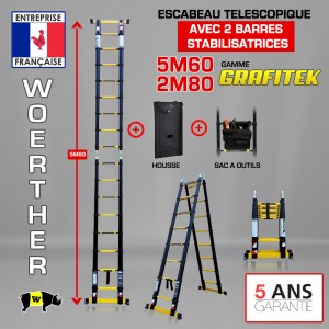 ECHELLE ESCABEAU TELESCOPIQUE DOUBLE FONCTIONS DOUBLE BARRES STABILISATRICES, GRAFITEK 5.60M/2.8M - AVEC HOUSSE ET SAC A OUTILS