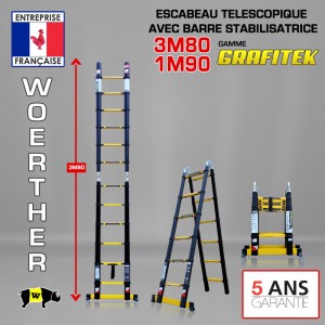 ECHELLE ESCABEAU TELESCOPIQUE DOUBLE FONCTIONS WOERTHER, GRAFITEK 3M80/1.9M - PACK BASIQUE