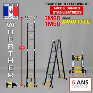 ECHELLE ESCABEAU DOUBLE FONCTIONS WOERTHER DOUBLE BARRES STABILISATRICES, MODÈLE GRAFITEK 3M80/1.9M - PACK BASIQUE 