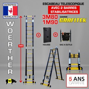 ECHELLE ESCABEAU DOUBLES BARRES STABILISATRICE, MODÈLE GRAFITEK 3M80/1.9M - PACK 4 (AVEC HOUSSE ET SAC A OUTILS)