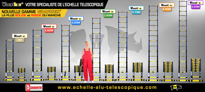 échelle télescopique 4M40, en aluminium, avec sa housse de transport et  plateforme multifonction, disponible en gamme grafitek.