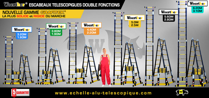 Echelle télescopique 4m40 Woerther Grafitek avec barre stabilisatrice plus  housse - Garantie 5 ans - Qualité supérieure