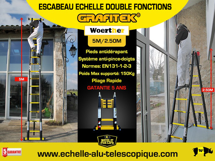 Echelle-escabeau télescopique 3m80/1m90 Woerther avec double barres  stabilisatrices - Garantie 5 ans - Qualité supérieure
